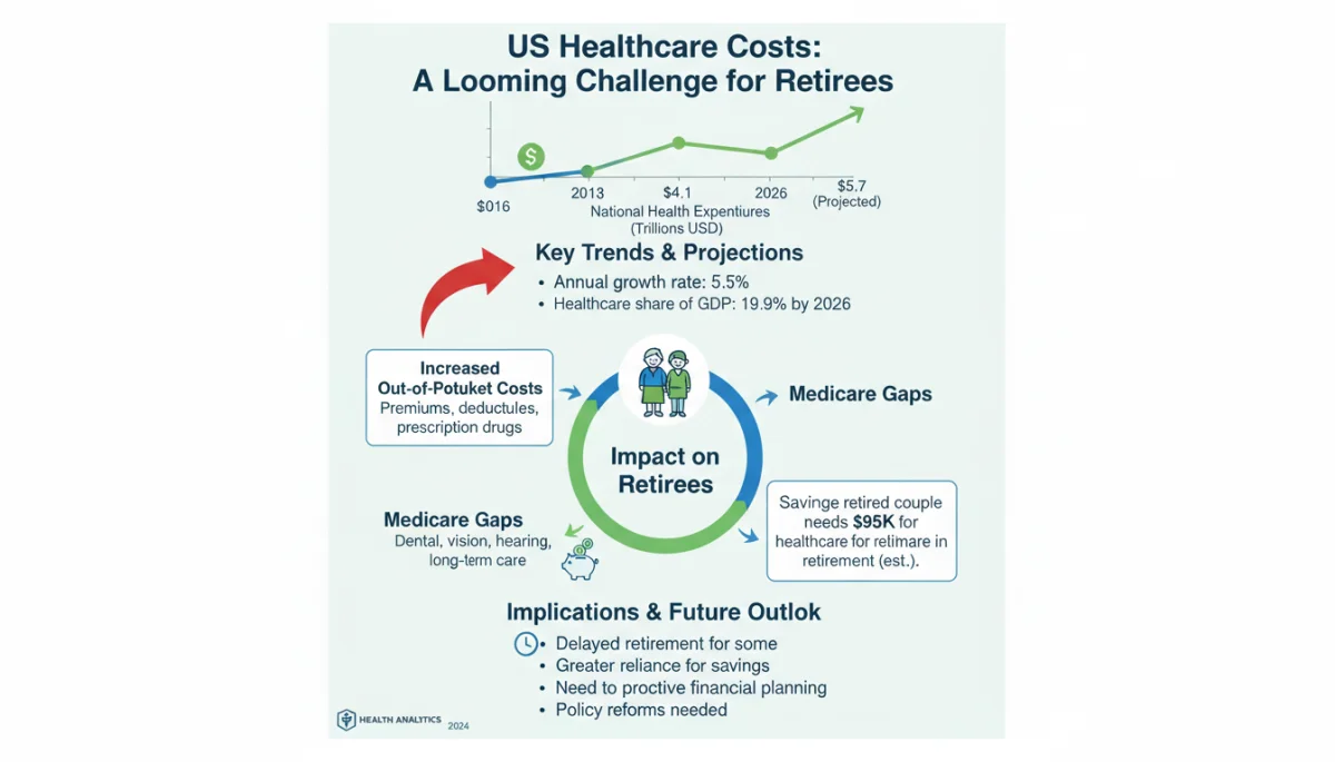 Infographic showing rising US healthcare expenditures impacting retirement.