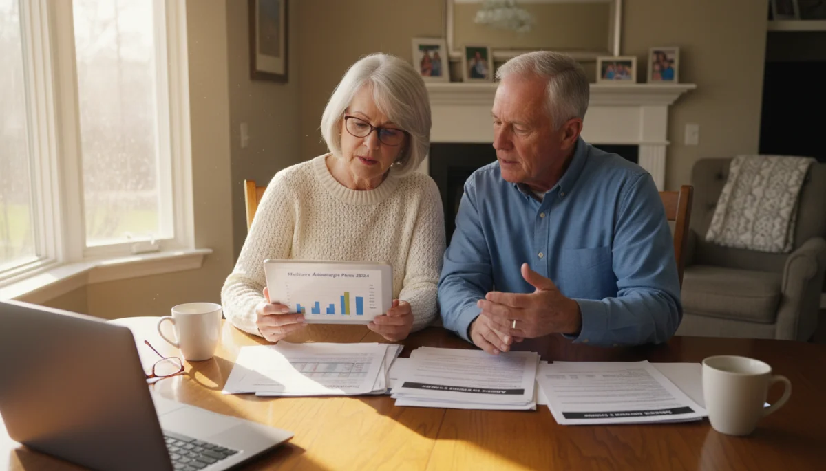 Senior couple reviewing Medicare Advantage plan documents