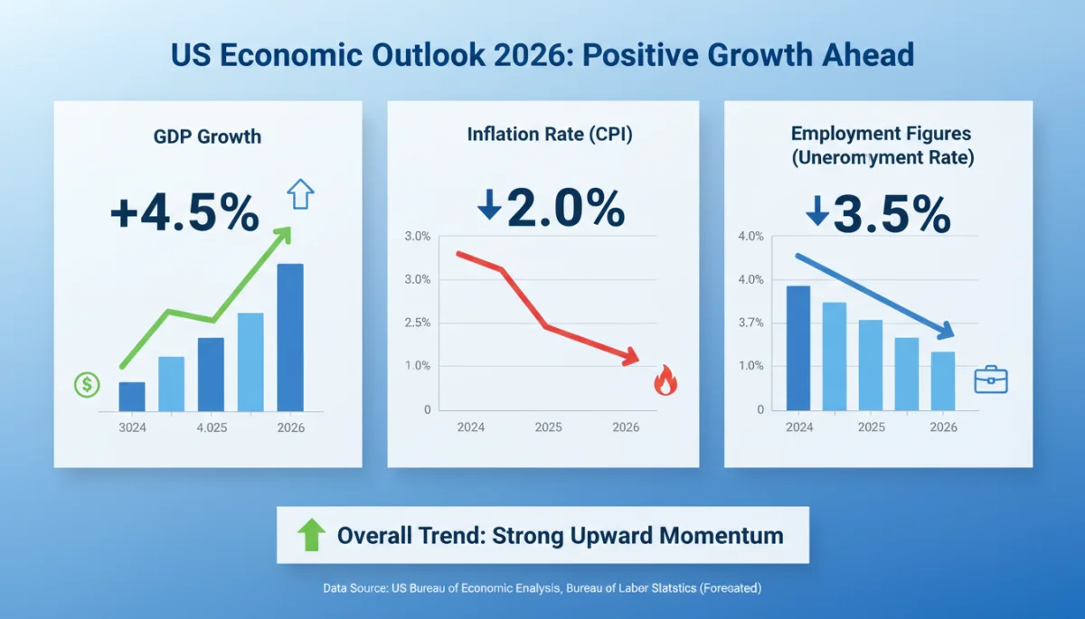 US economic indicators for 2026, illustrating GDP, inflation, and employment trends for investors.