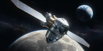 Orion spacecraft orbiting the Moon, Earth in background, symbolizing NASA's Artemis Program goals.