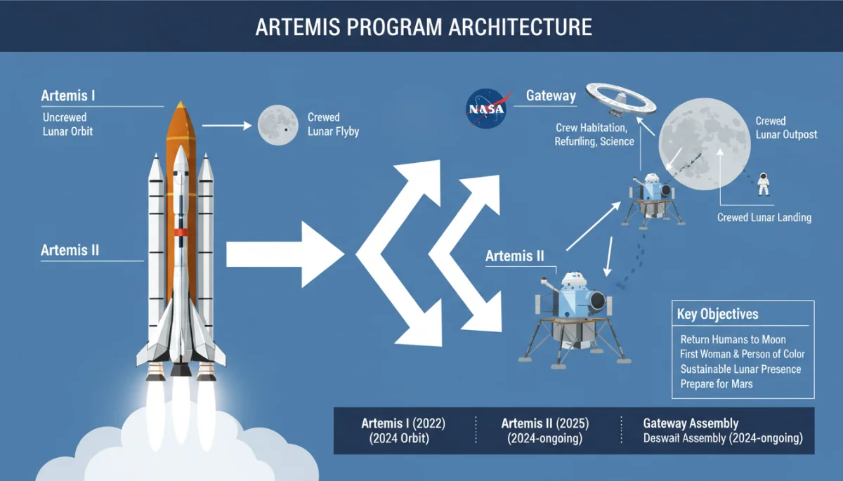 Infographic detailing the multi-stage architecture of NASA's Artemis Program for lunar exploration.