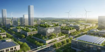 Clean air over a sustainable city with renewable energy sources.