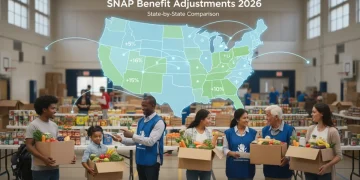 Families and individuals receiving food assistance, symbolizing 2026 SNAP benefit adjustments across states.