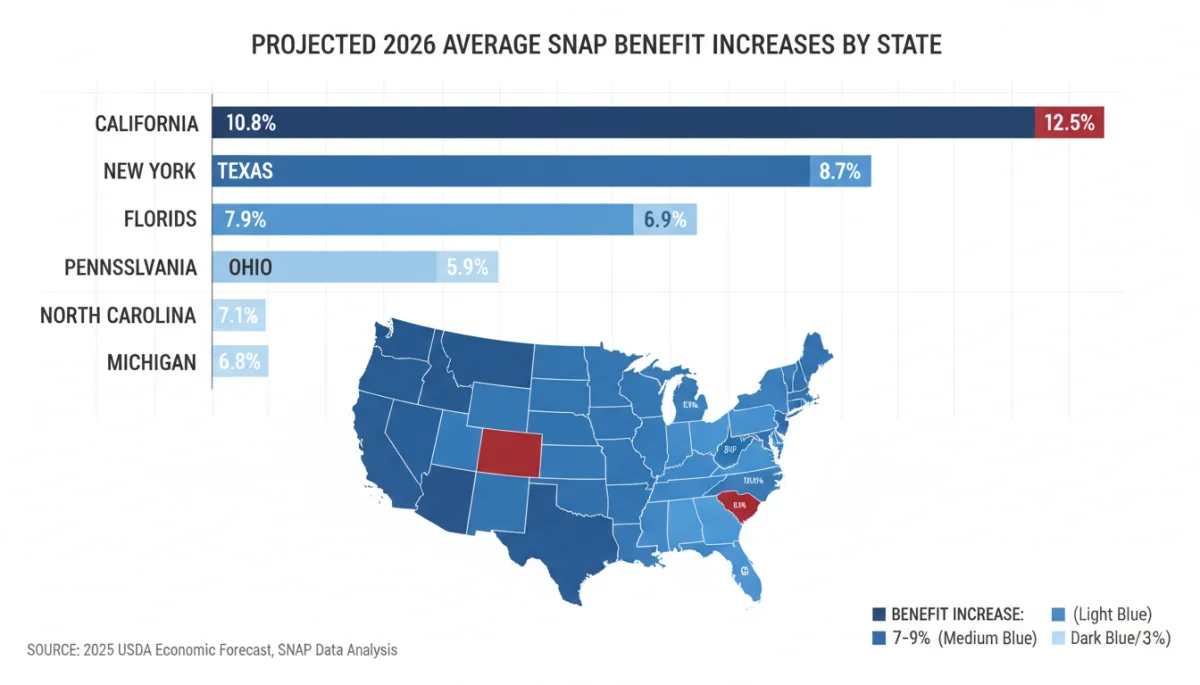 Infographic showing state-by-state SNAP benefit increase projections for 2026.