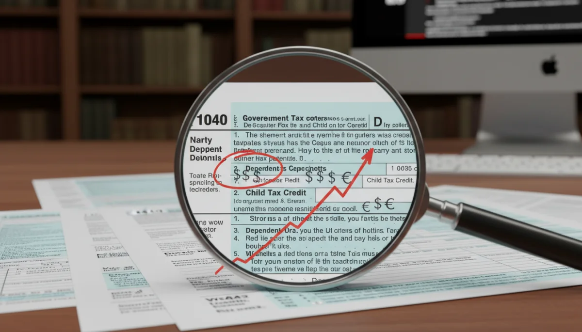 Magnifying glass over tax forms, illustrating complex Child Tax Credit legislation
