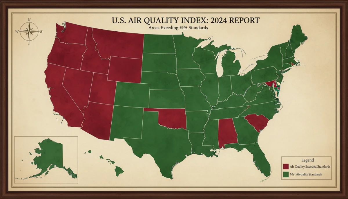Map showing US states exceeding air quality standards in 2026.