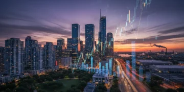 Modern US city skyline at dusk with residential, commercial, and industrial real estate, symbolizing 2026 market dynamics.