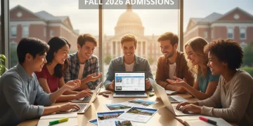 Students diligently working on US university applications for Fall 2026