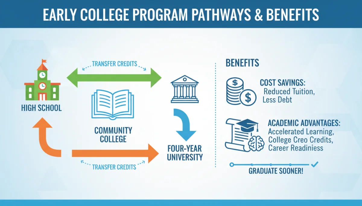 Infographic detailing early college program pathways and benefits.