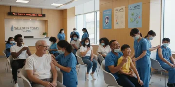 Diverse individuals receiving flu vaccinations in a clinic