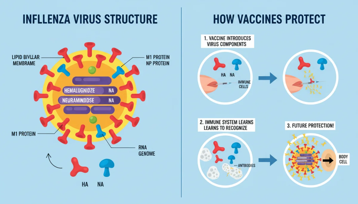 Infographic explaining influenza virus and vaccine mechanism
