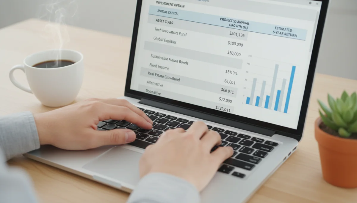 Hands typing on laptop, reviewing investment spreadsheet