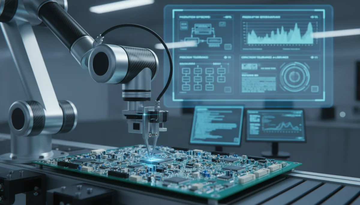Robotic arm assembling electronic components with data overlay