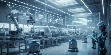 Futuristic US factory with robots and AI technology