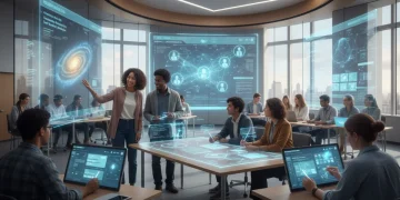 Students and teachers engaging with AI in a modern US classroom.